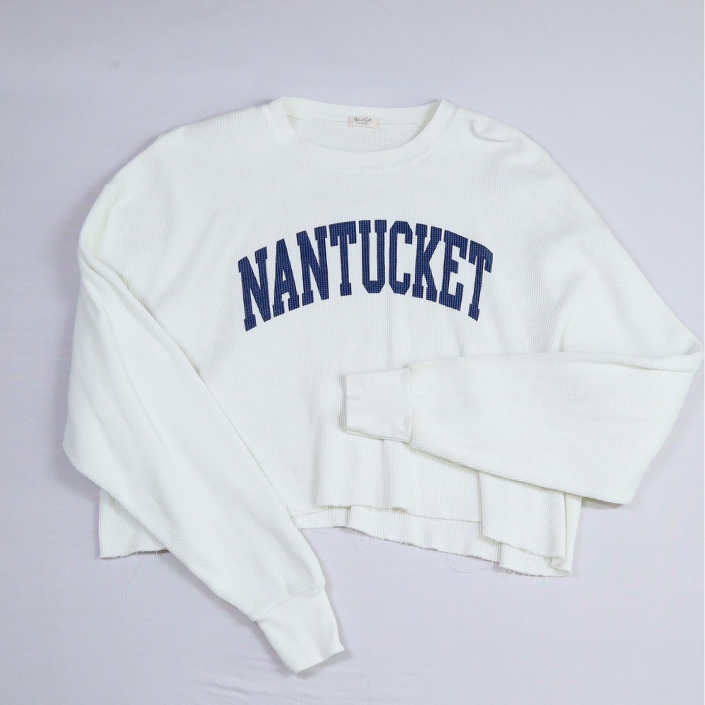 John Galt Nantucket Graphic Thermal Top Women OS White Blue Cropped Waffle Knit